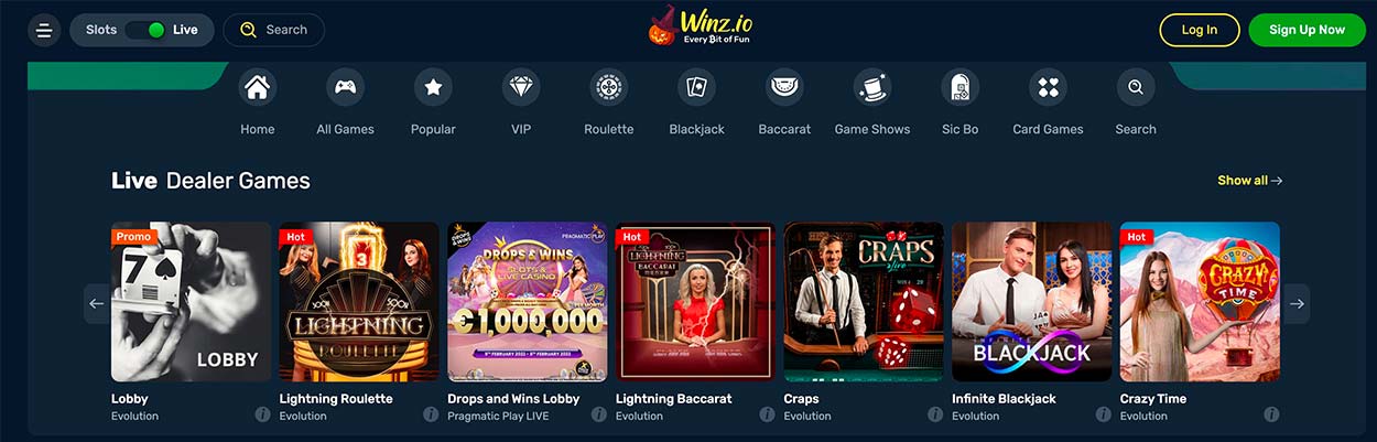 Winz Live Casino Lobby